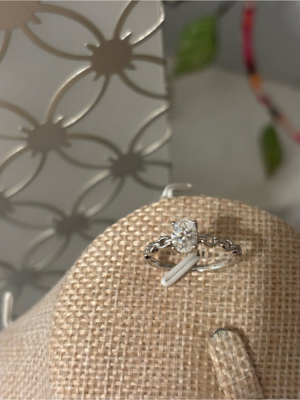 Sterling Silver  Chain Accent Ring - White